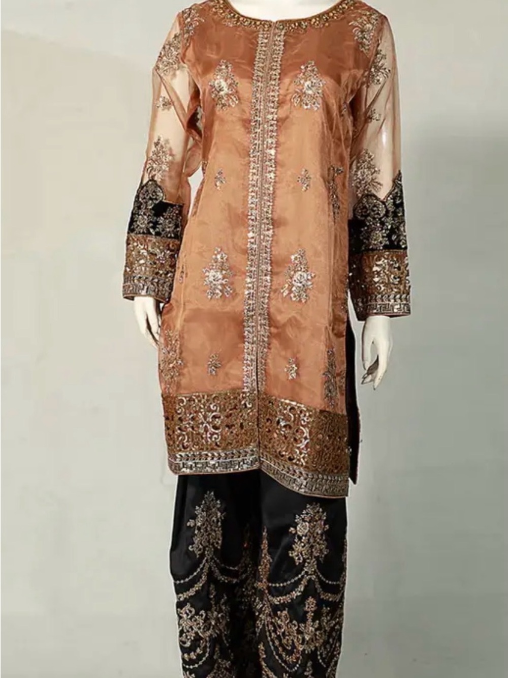 Embroidered Silk Tunic & Trouser Set in Copper and Black